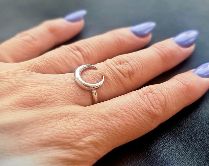 Half Moon Ring , Double Horn , Crescent moon    minimalist design Handmade 925 Sterling Silver