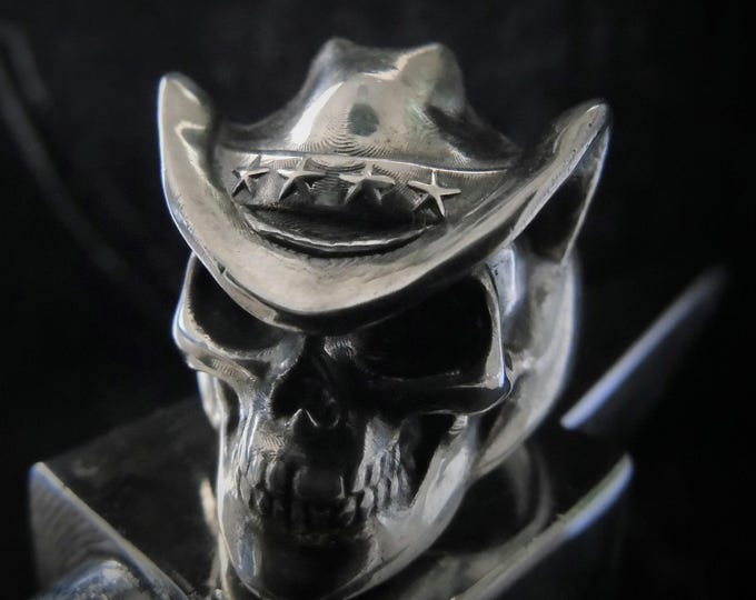 Handmade Sterling Silver Cowboy Skull Ring - Gothic Biker Jewelry