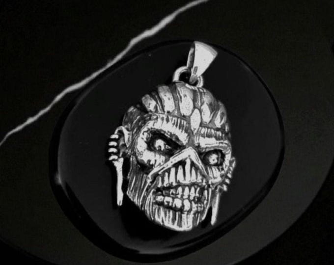 Handmade  Sterling Silver Eddie Mayan Warrior Skull Pendant -Rock  Heavy metal jewelry