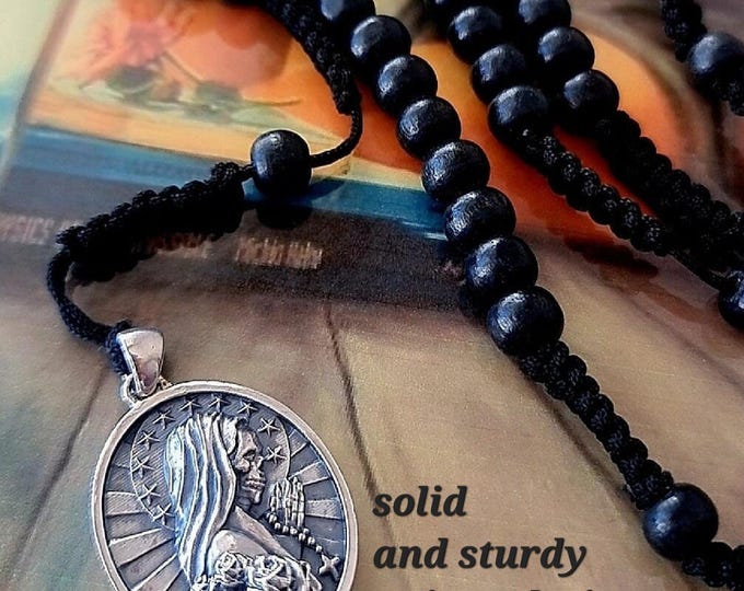 Handmade Santa Muerte Rosary Necklace: 925 Silver Praying Pendant
