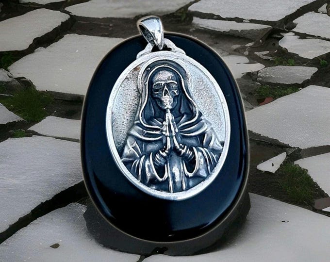 925 Silver Santa Muerte Pendant: Gothic Praying Skull Necklace