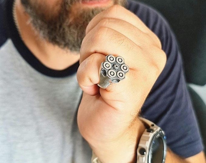 Bullet Revolver Ring - Ammo Signet Ring: Sterling Silver  Bullet Casing, Rebel Biker Style, Magnum Revolver Gun Cylinder Ring