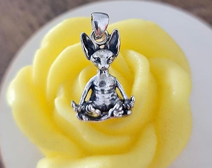 Handmade Sterling Silver Sphynx Cat Pendant: Zen Yoga Pose