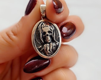 Santa Muerte Skull Pendant:925 Sterling Silver Gothic Jewelry