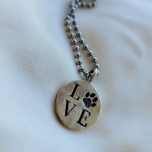 Handmade Silver Pendant with love paw engraving,round souvenir animal , Dainty Love Paw Engraved Silver Pendant image 5