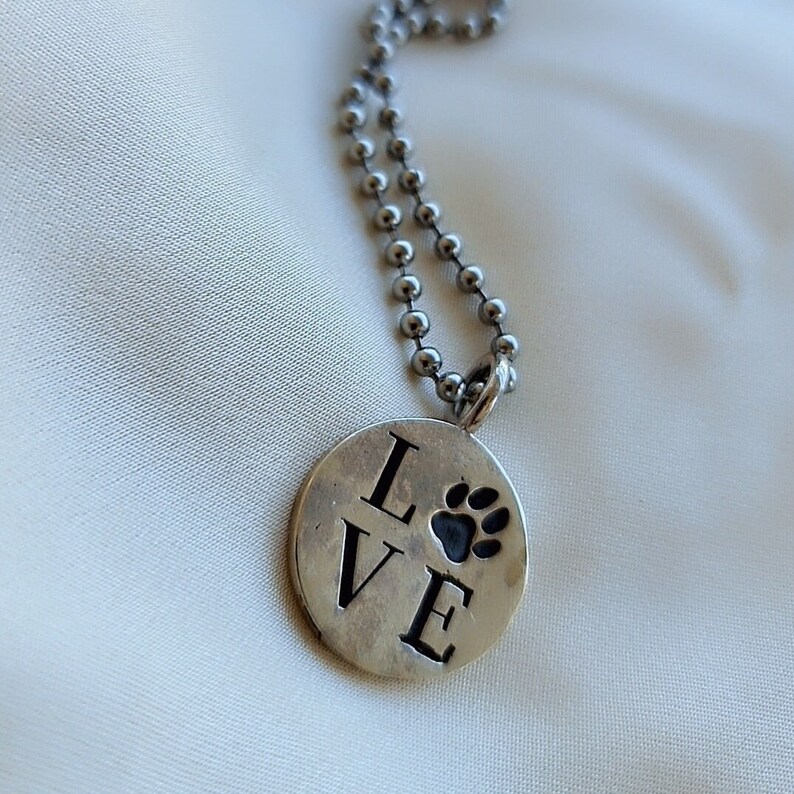 Handmade Silver Pendant with love paw engraving,round souvenir animal , Dainty Love Paw Engraved Silver Pendant image 5