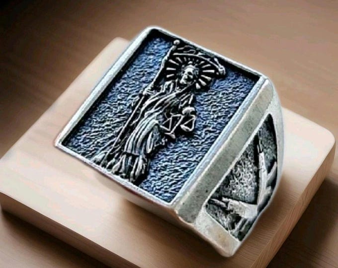Handmade Santa Muerte Silver Ring: Divine Protection Skull Jewelry