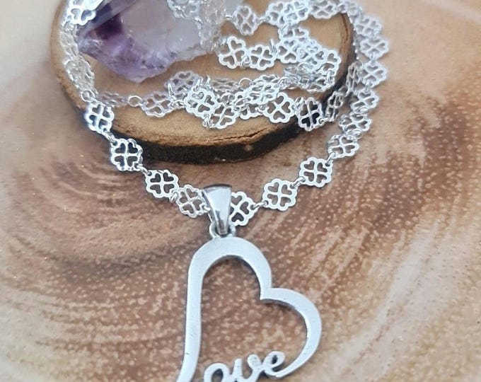 Handmade Sterling Silver Love Heart Necklace - Floral Chain