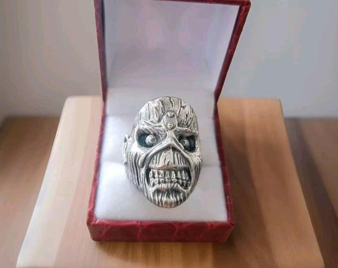 Handmade Sterling Silver Eddie Skull Ring - Biker Punk Rock
