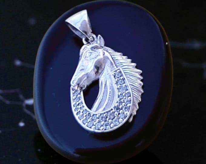 Sterling Silver Horse Pendant: Zircon Horseshoe Equestrian Necklace