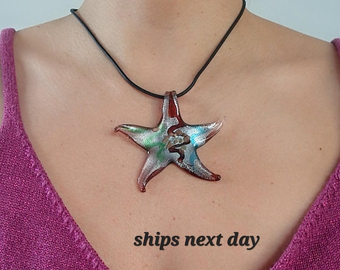 Oversized Murano Glass Starfish Pendant Necklace: Millefiori Glass