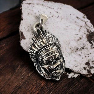 Native American Eddie 925 Sterling Silver Pendant – Solid Heavy - Chief Skull Necklace