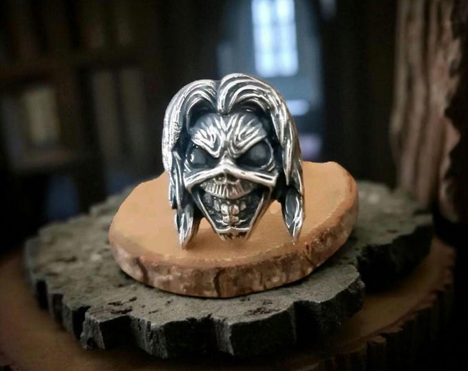 Handmade Sterling Silver Eddie Skull Ring: Biker Rock Pendant