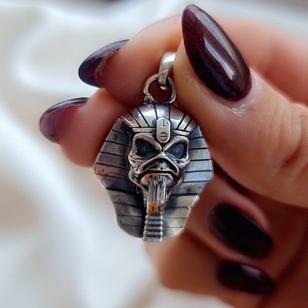 Handmade Sterling Silver Eddie  Pharaoh King Skull Pendant - Egyptian - Eddie Pendant - Unique design - Rock Pendant - Heavy metal Pendant