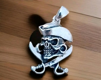 Handmade Silver Pirate Skull Necklace: Cross Swords Pendant