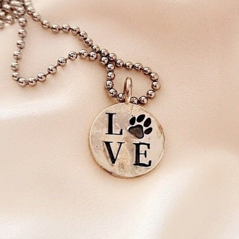 Handmade Silver Pendant with love paw engraving,round souvenir animal , Dainty Love Paw Engraved Silver Pendant image 1