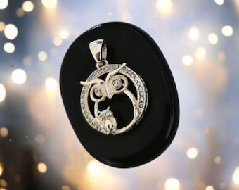 Sterling Silver Mummy & Baby Owl Pendant: Sparkling Stone Eyes