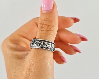 Oxidized Sterling Silver Japanese Wave Ring: Handmade Gothic Jewelry