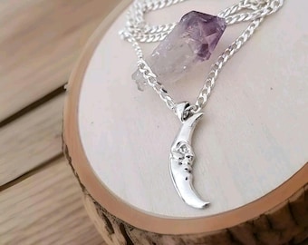 Crescent half Moon Face  Pendant in  925 Sterling Silver - Unique Handcrafted
