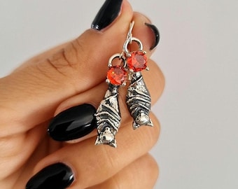 Silver Bat Dangle Earrings with Ruby Zircon | Gothic Witchy Jewelry | Halloween Vampire Earrings