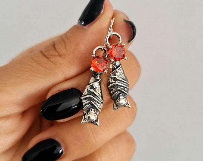 Silver Bat Dangle Earrings with Ruby Zircon | Gothic Witchy Jewelry | Halloween Vampire Earrings
