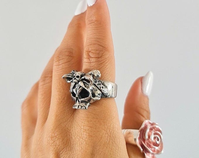 Handmade Sterling Silver Skull Ring with Bow Tie: Gothic Unisex Jewelry