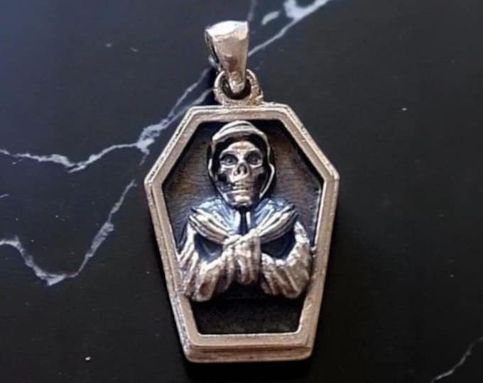 Handmade Sterling Silver Misfit Skull Coffin Pendant - Gothic Horror