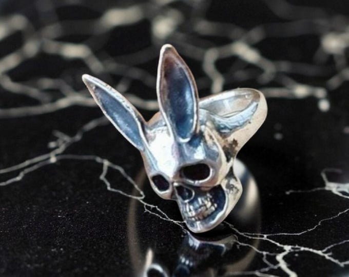 Handmade Sterling Silver Bunny Skull Ring: Gothic Statement Jewelry