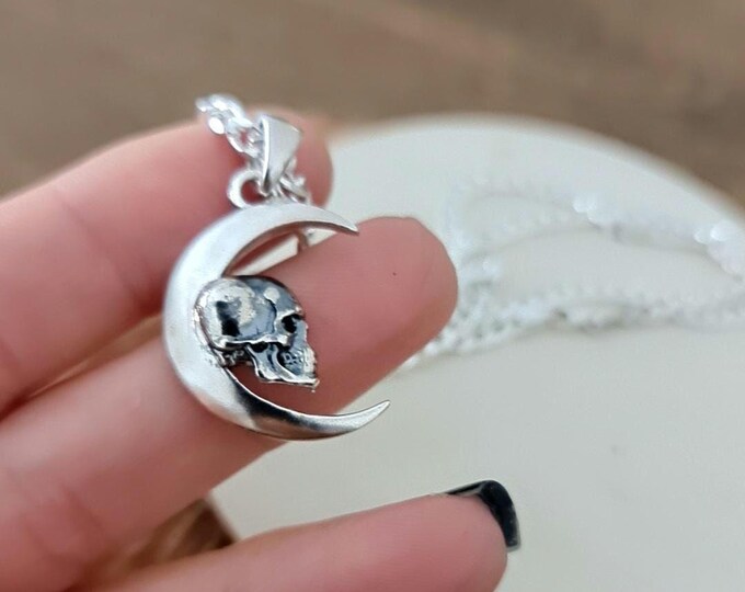 Handmade Gothic Sterling Silver Skull Moon Pendant Necklace