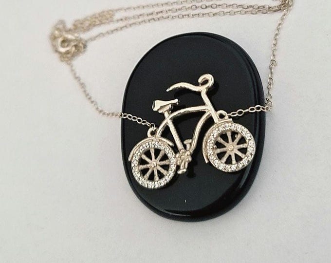 Sterling Silver Bicycle Necklace: Zircon Wheels, Cycling Charm