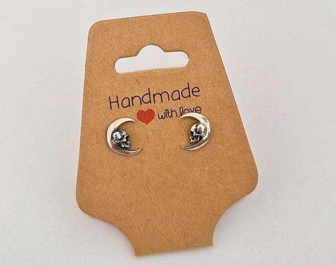 Handmade Gothic Skull Crescent Stud Earrings: 925 Sterling Silver