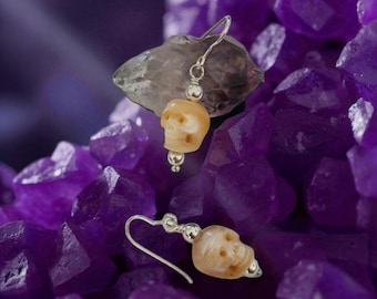 Carved Pearl Skull Earrings: Sterling Silver Gothic Boho Jewelry