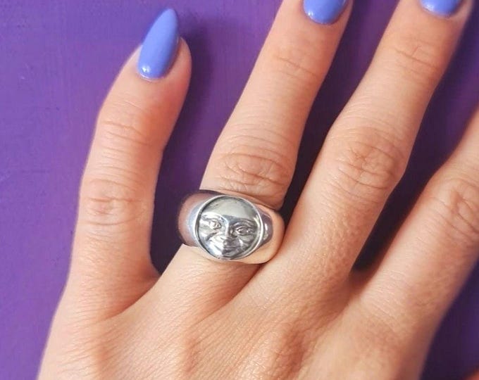 Handmade Sterling Silver Moon Face Ring - Celestial Jewelry