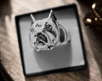 ピットブルリング：存在感のあるスターリングシルバーの分厚くて丈夫な