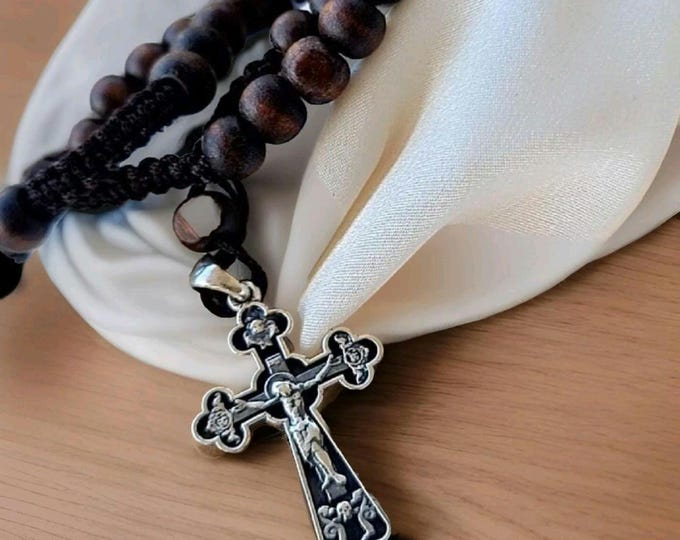 Handmade Sterling Silver Rosary Necklace: Jesus Crucifix Cross Pendant