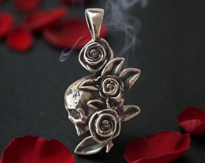 Gothic Skull and Roses Silver Pendant | Dark Rose Skull Charm | Alternative Witchy Jewelry