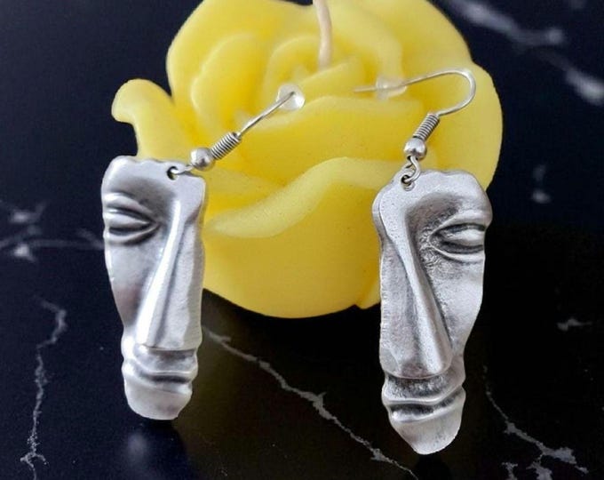 Abstract Face Dangle Earrings: Stainless Steel Modern Art Statement Piece