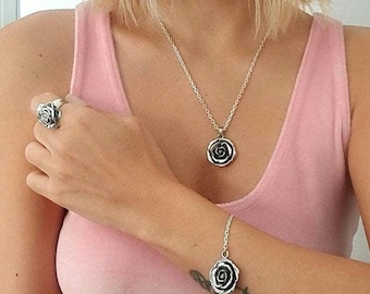 Sterling Silver Rose Bracelet: Chunky Elegant Flower Jewelry