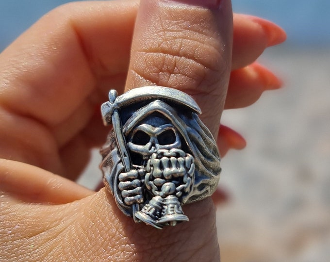 Handmade Sterling Silver Grim Reaper Scythe Ring: Gothic Skull Jewelry