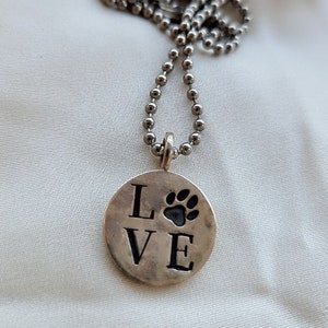 Handmade Silver Pendant with love paw engraving,round souvenir animal , Dainty Love Paw Engraved Silver Pendant image 3