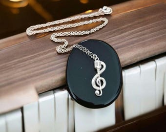 Delicate Music Note with a Microphone Necklace -925 Sterling Silver Handcrafted -  45 CM Chain
