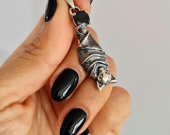 Sterling Silver Bat Pendant with Black Zircon • Gothic Vampire Necklace Charm • Dark Fantasy Jewelry