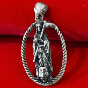 Handmade Santa Muerte Scythe Pendant with frame Necklace in 925 Silver - A Beautifully Crafted Grim Reaper Pendant style necklace solid
