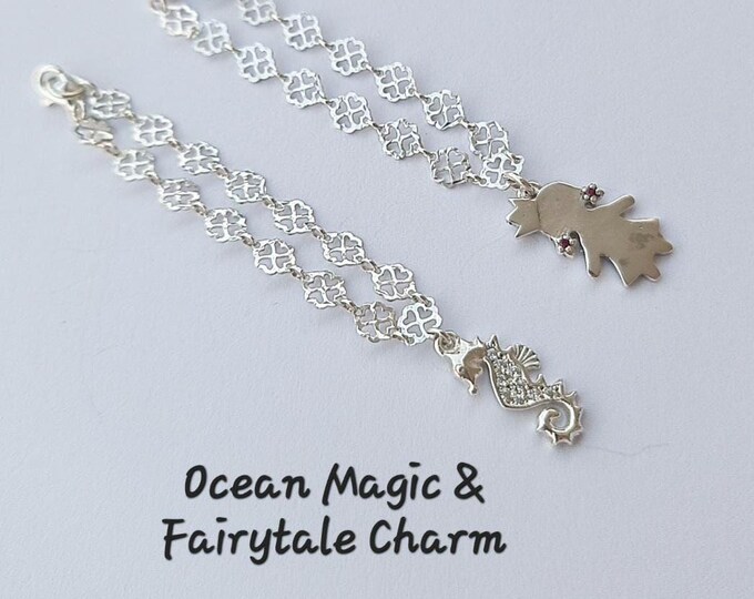 Children’s Sterling Silver Bracelets – Seahorse with Sparkling Stones & Little Princess Charm – 15cm Floral Chain