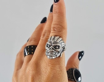 Eddie Mayan Warrior Skull Ring -solid -Unique design-Rock  Heavy metal sterling silver