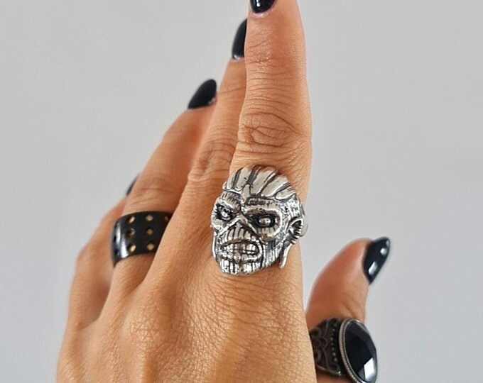 Eddie Mayan Warrior Skull Ring -solid -Unique design-Rock  Heavy metal sterling silver