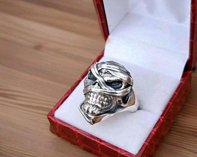 Eddie Mummy Skull Ring – Egyptian Rock Jewelry – Unique Heavy Metal Statement Handmade Sterling Silver