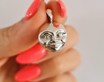 Crescent full Moon Face  Pendant in  925 Sterling Silver - Unique Handcrafted  solid