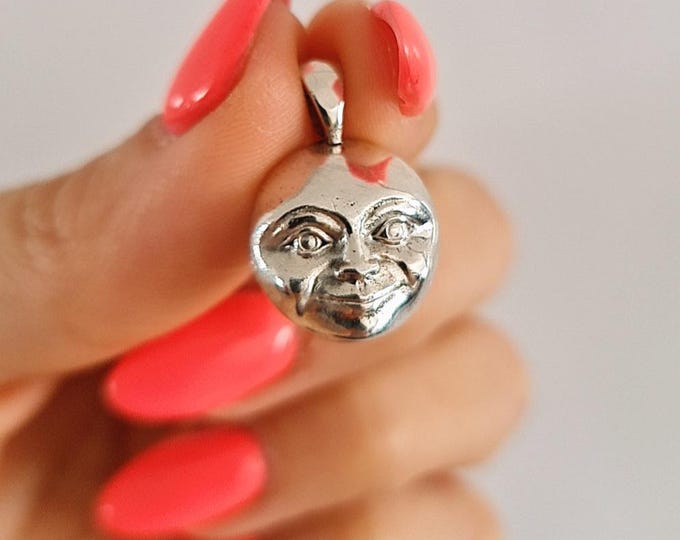 Crescent full Moon Face  Pendant in  925 Sterling Silver - Unique Handcrafted  solid
