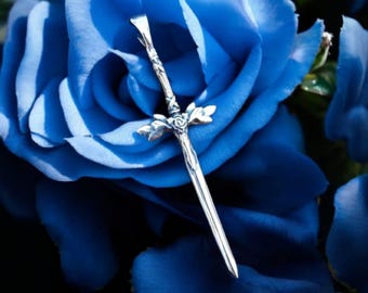 Sterling Silver Blue Rose Sword Pendant: Anime Fantasy Jewelry